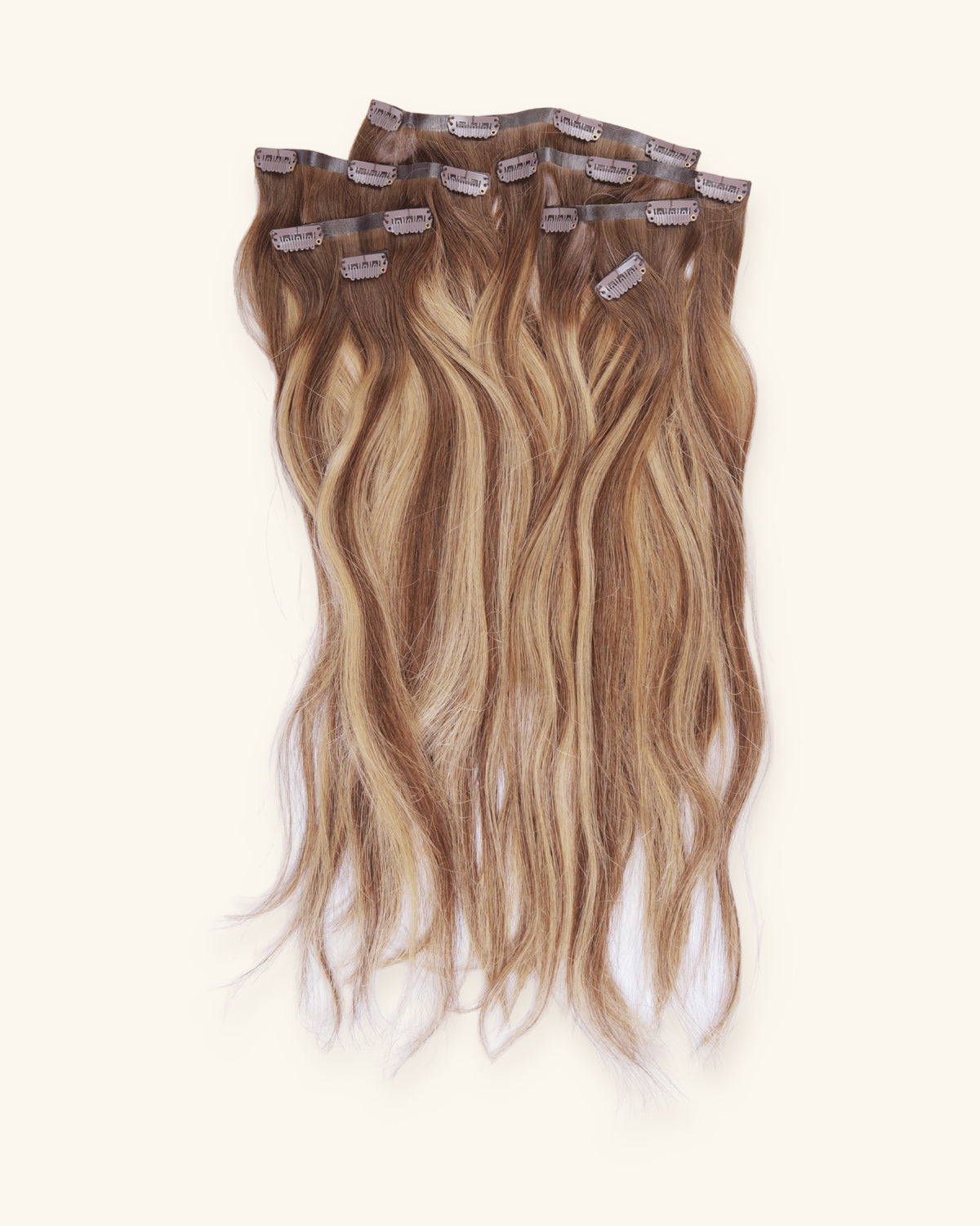 Set of 7 clip-in hair extensions, 16 inch PU base with highlights